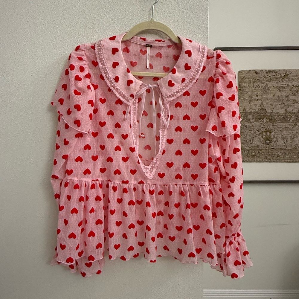 Free People Pink and Red Heart Blouse